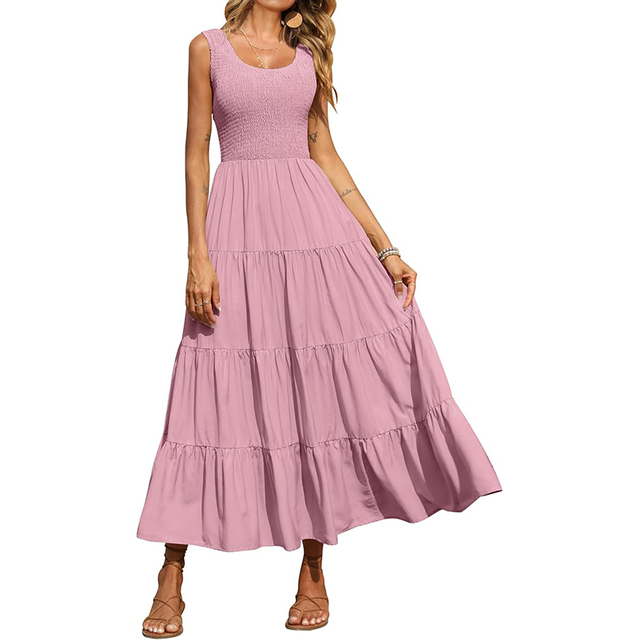 Women's Solid Leisure Casual Loose A-Line Sihouette Maxi Sundress Smocked Tank Dress Sleeveless Summer Beach Tiered Long Dresses