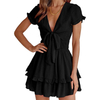 Women's Lovely Knot Tie Front V Neck Short Sleeve Ruffle Layer A-Line Short Dress Summer Swing Mini Dress 