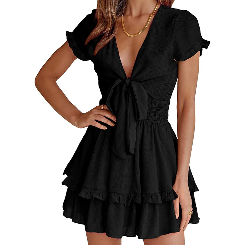 Women's Lovely Knot Tie Front V Neck Short Sleeve Ruffle Layer A-Line Short Dress Summer Swing Mini Dress 