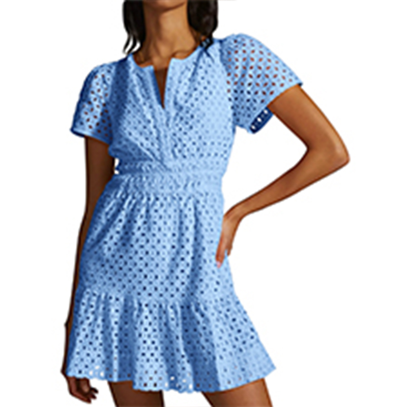 Womens 2024 Summer Short Dress V Neck Short Sleeve A Line Hollow Out Lace Ruffle Cute Casual Beach Party Dresses
